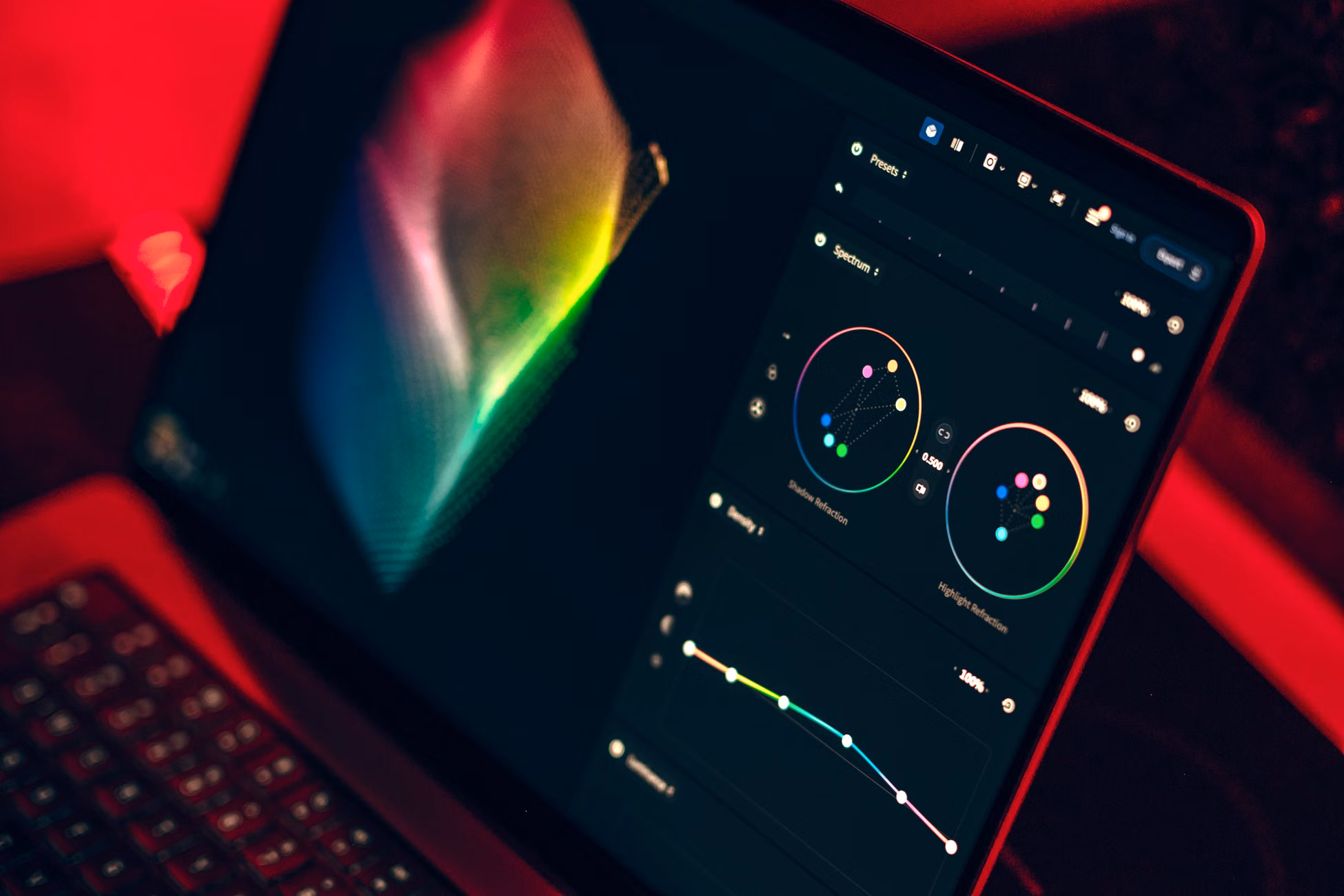 A close-up shot of a laptop displaying a color grading dashboard with vibrant colors.